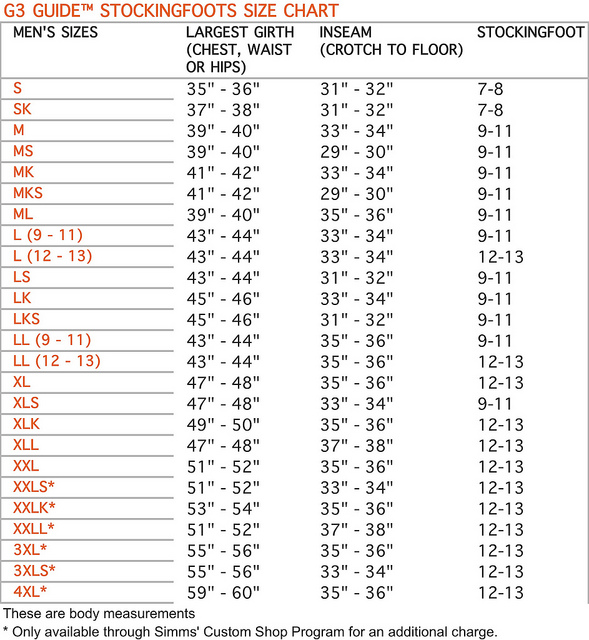 Simms G3 Size Chart