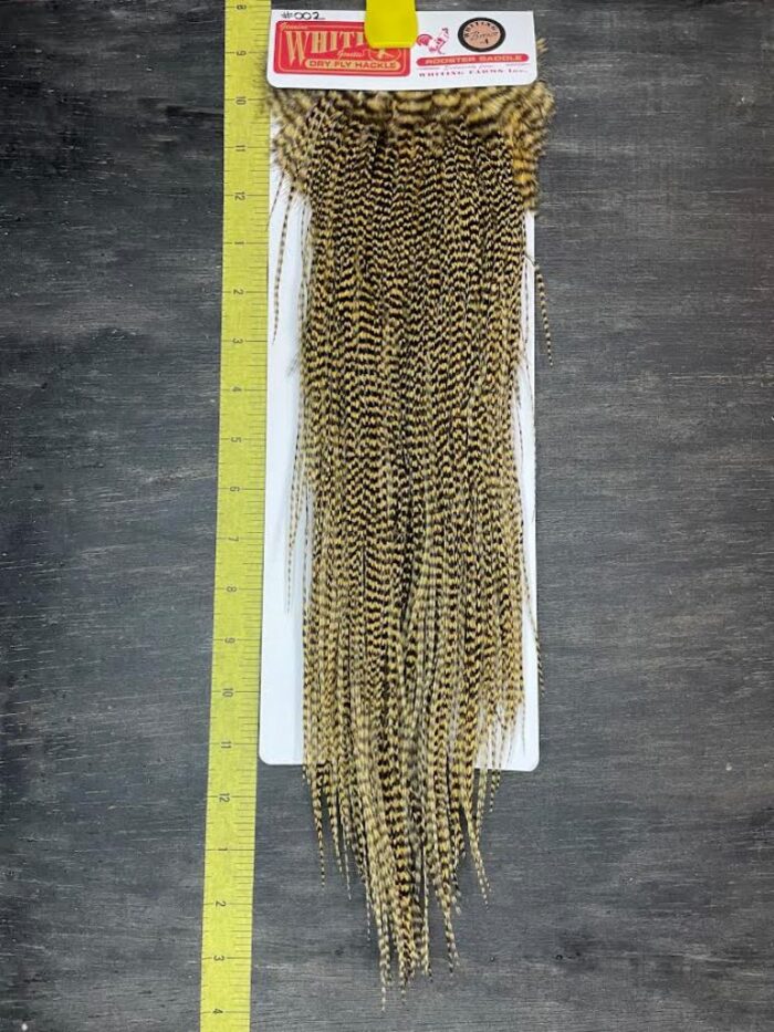 Whiting Dry Fly Saddle – Bronze Grade – Grizzly dyed Golden Straw #002